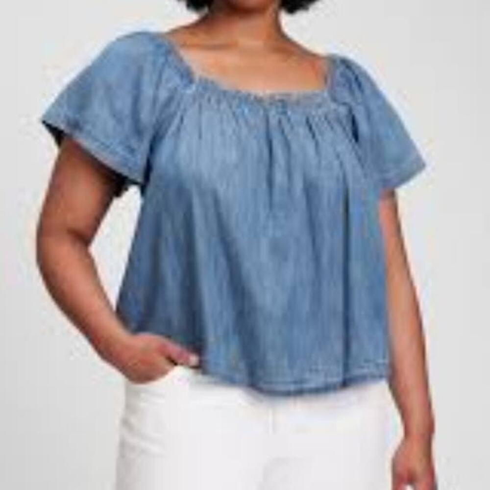 Gap Wide Elastic Neck Denim Style Short Sleeve Shirt Size Small Tall